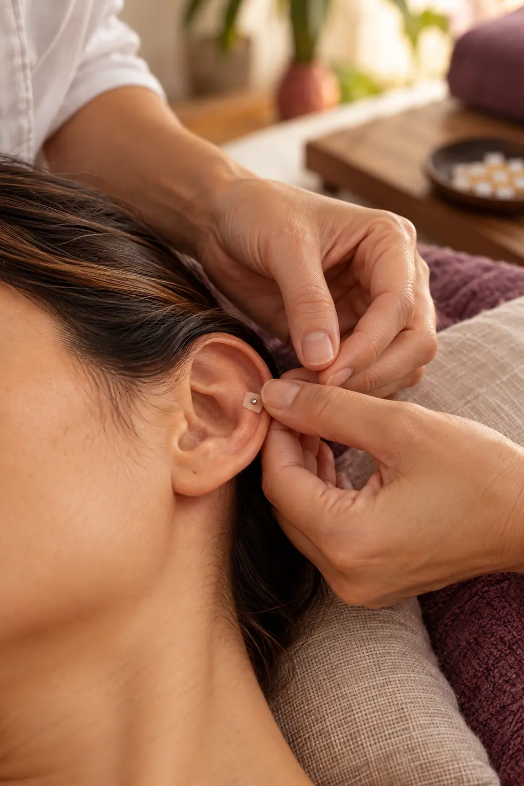 Aplicação ilustrativa de auriculoterapia na orelha