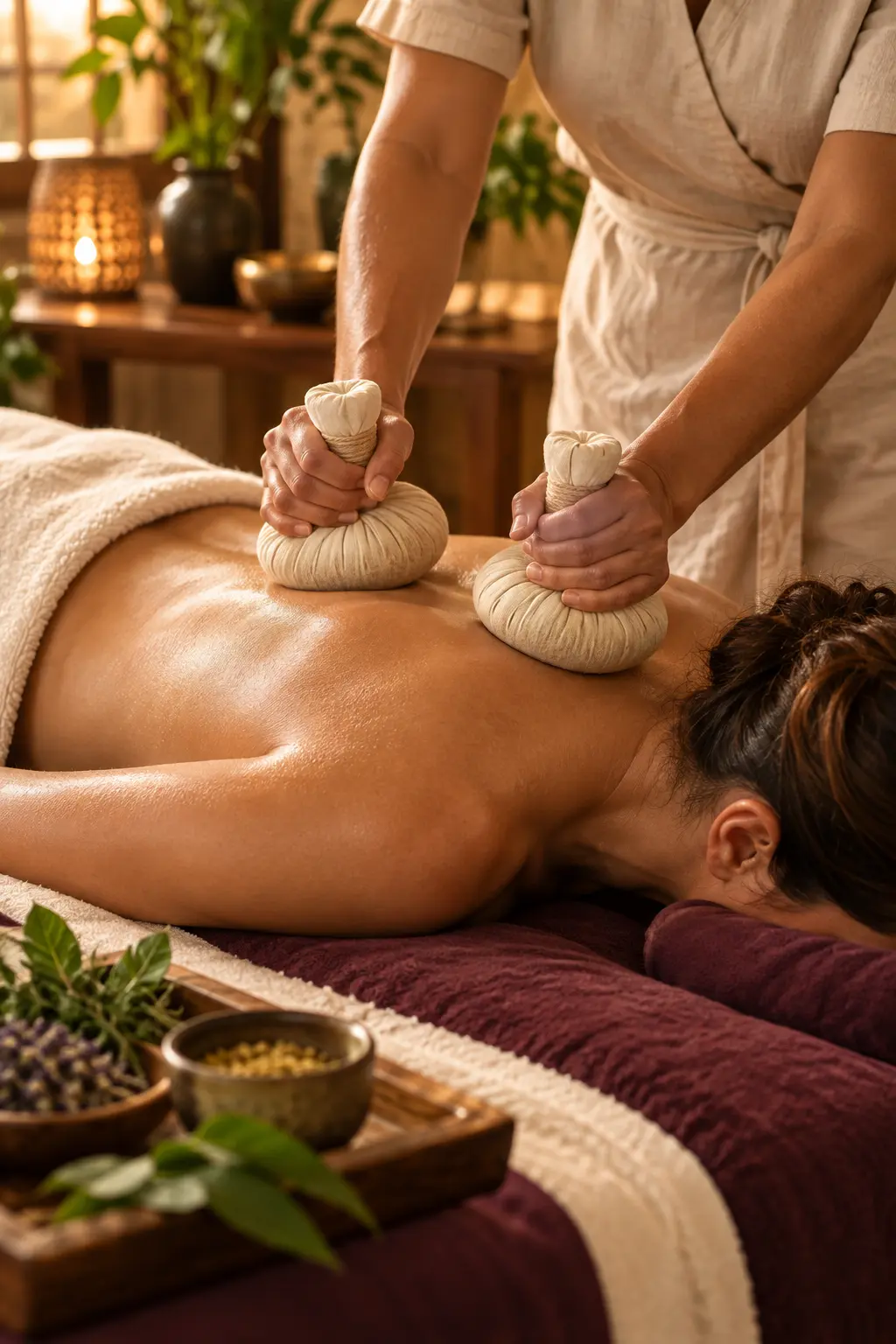 Massagem ilustrativa com pindas de ervas nas costas