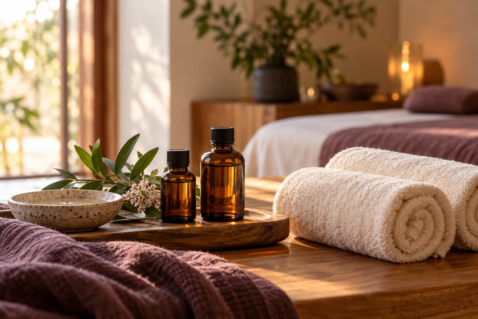 Óleos aromáticos, toalhas e elementos naturais preparados para uma sessão