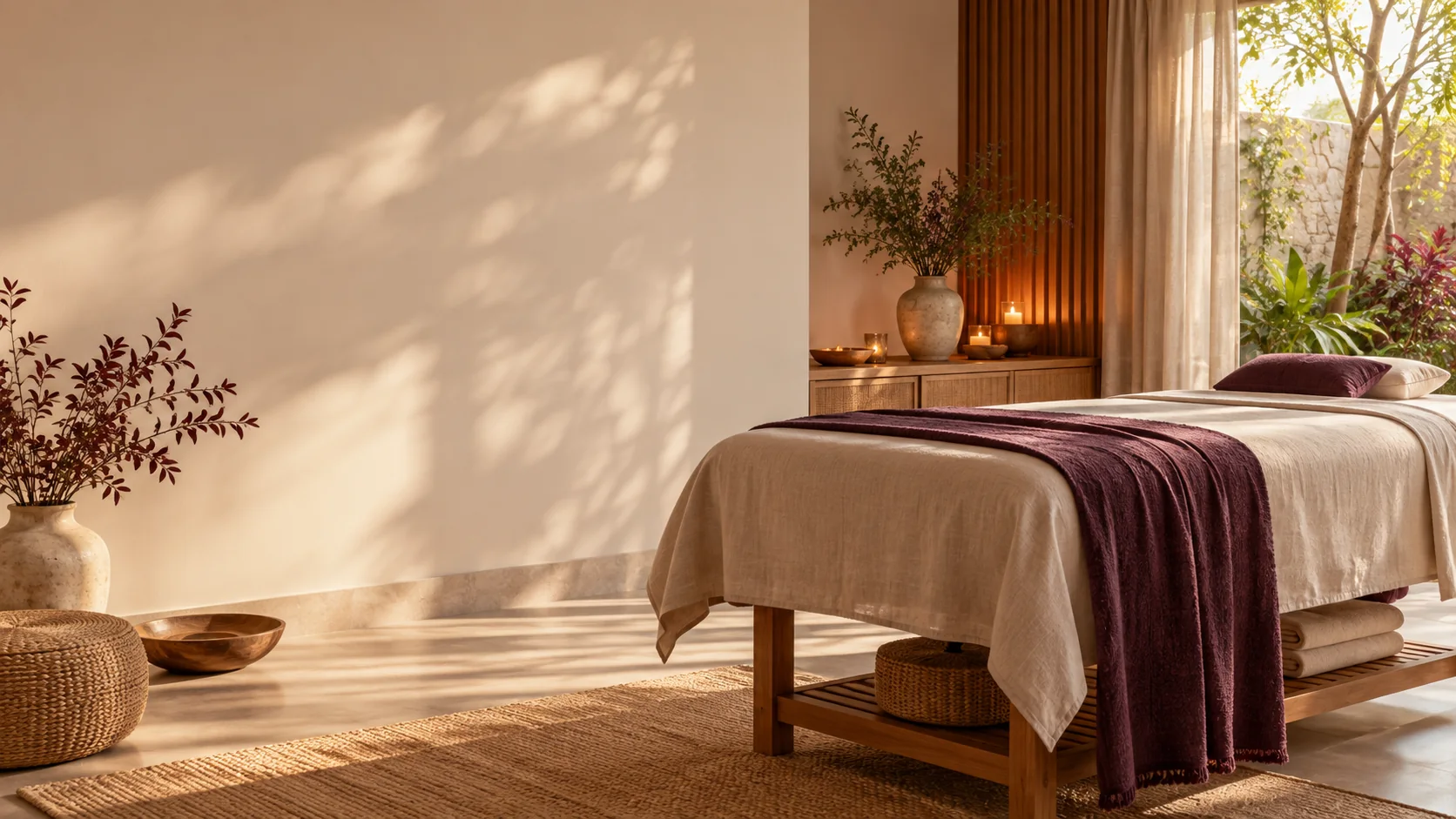 Ambiente acolhedor de um studio de terapias, com luz natural e elementos de cuidado